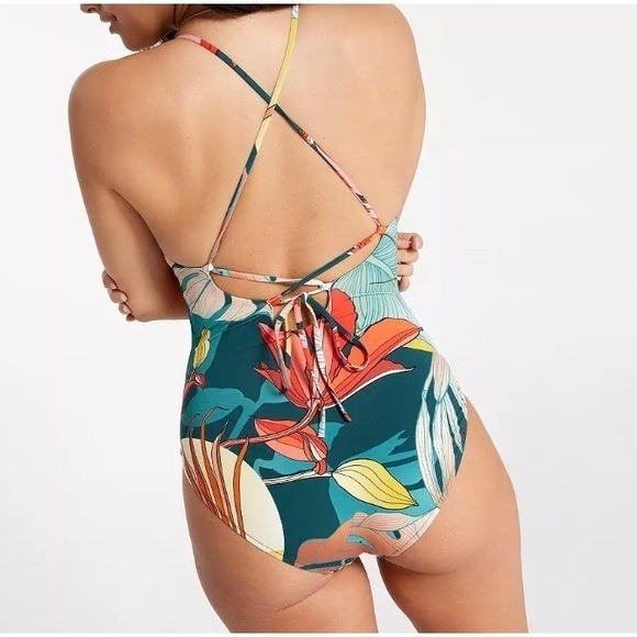 CALIA Womens Triangle Strappy Back One Piece Swimsuit Botanical Print Sz 14 NWT - Picture 3 of 10
